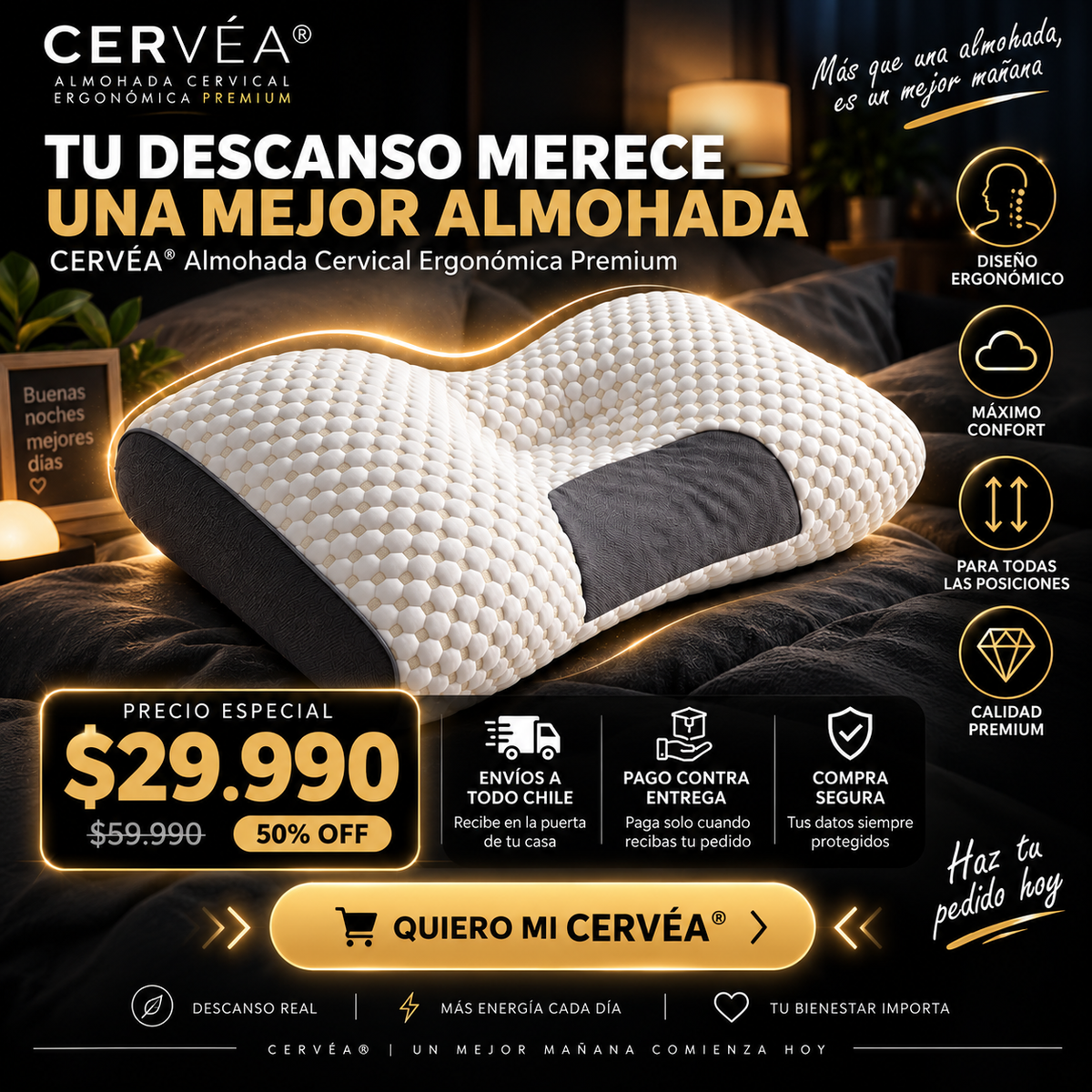 CERVÉA® Almohada Cervical Ergonómica Premium