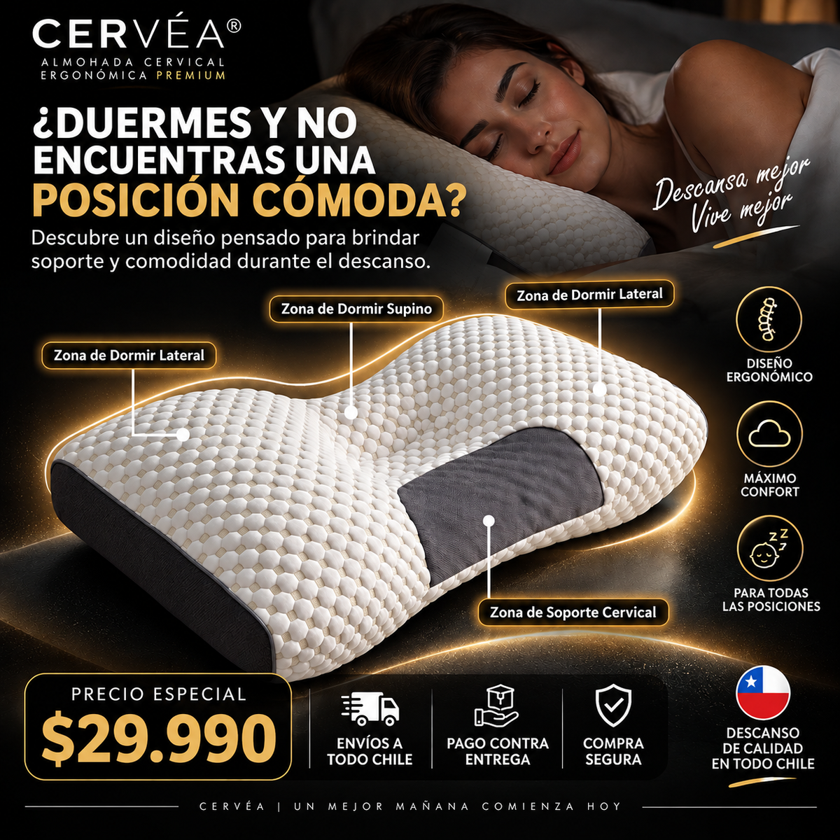 CERVÉA® Almohada Cervical Ergonómica Premium